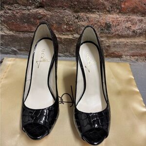 Black Patent Leather Peep-Toe Heels